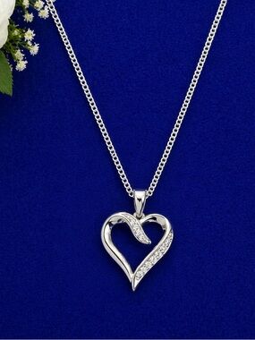 Sterling Silver Heart Pendant Necklace with Cubic Zirconia - Silver
